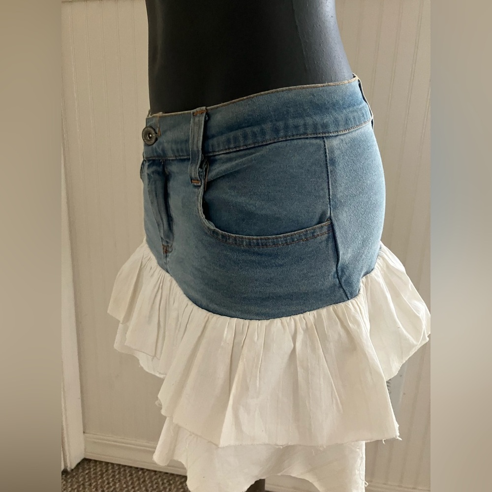 Denim and White Ruffle Mini Skirt